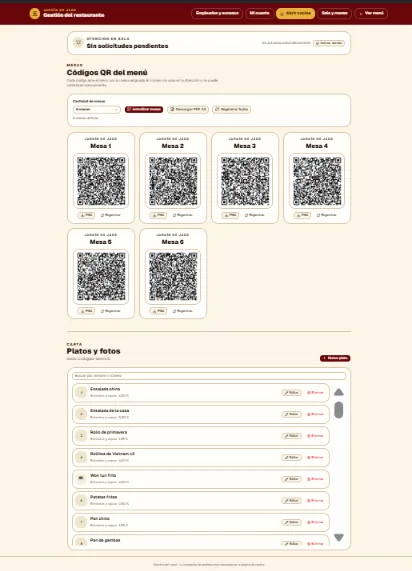 Panel de gestión con los códigos QR de cada mesa y la lista de platos y fotos